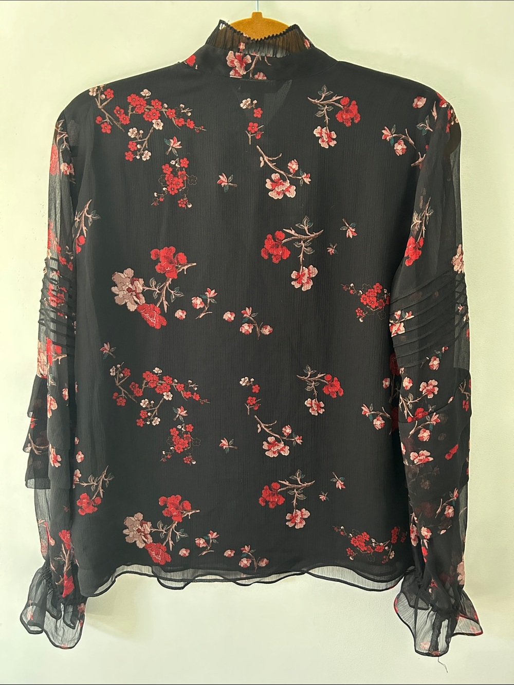 Lauren Ralph Lauren Dark Floral Tie-Neck Chiffon Blouse Dramatic Ruffled Sleeves - Picture 8 of 14